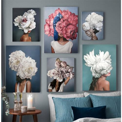 Decorative Painting Living Room Home Decoration Flowers Feathers Woman Abstract Canvas Painting Wall Art Print Poster Picture