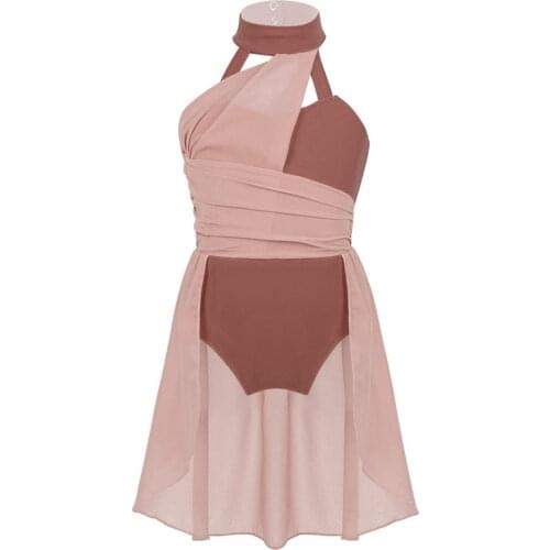 2021 Kids Ballet Dance Costume Girls Hollow Out Sleeveless Ruched Chiffon Bodice Leotard Dress for Lyrical Contemporary Dance