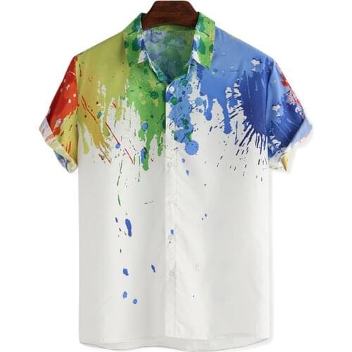 Mens Colorful Inkjet Print Summer Short Sleeve Loose Buttons Hawaiian Casual Shirt Good Quality Men Shirts Loose Plus Size Tops