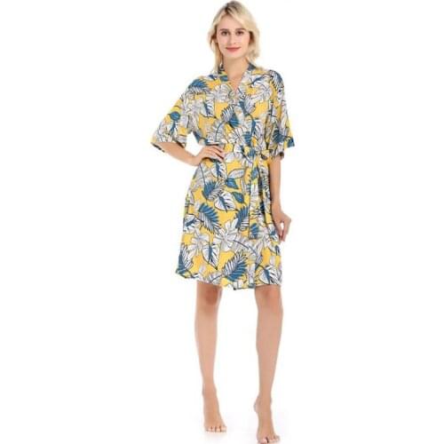 Cotton Bathrobe Ladies Summer Women Plant Print Robe V Neck Belted Sleepwear Dressing Gown Home Three Quarter Pajamas 2021 FG379
