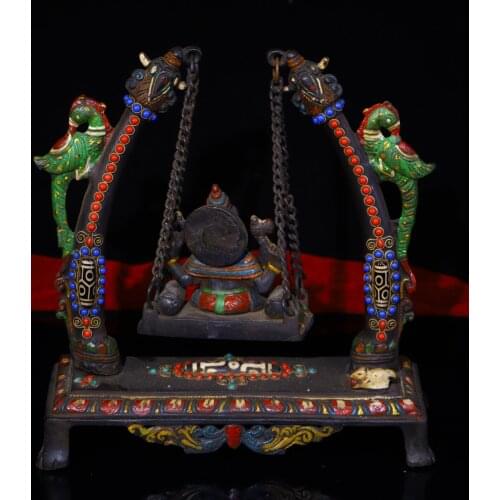 10"Chinese temple collection Old Bronze Tracing mosaic Gem Dzi Bead 5 shares Vajra Dharma Ornaments Town House