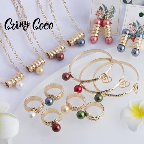 Cring Coco Hawaiian 4 PCS Jewelry Sets Gold Filled Colorful Pearl Bangles Bracelet Earing Sets Women Drop Earrings for Mother