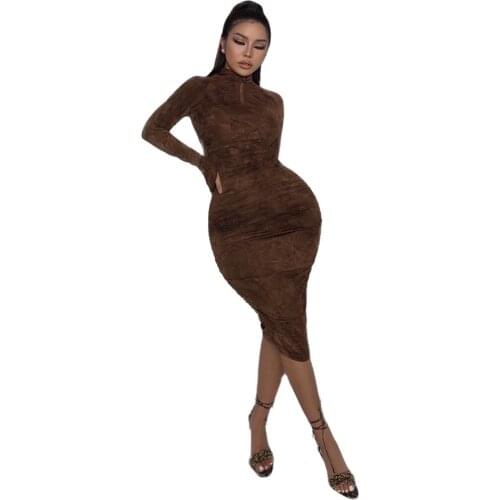 XLLAIS Brown Party Dresses Women Holiday Birthday Stretch Vestido Lady Long Sleeve Ruched Tight Bodycon Slim Zip Up Robe Clothes
