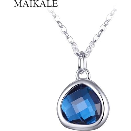 MAIKALE Luxury Round Blue Austrian Crystal Pendant Silver Color Chain Necklaces for Women Girls Wedding Party Jewelry Gifts