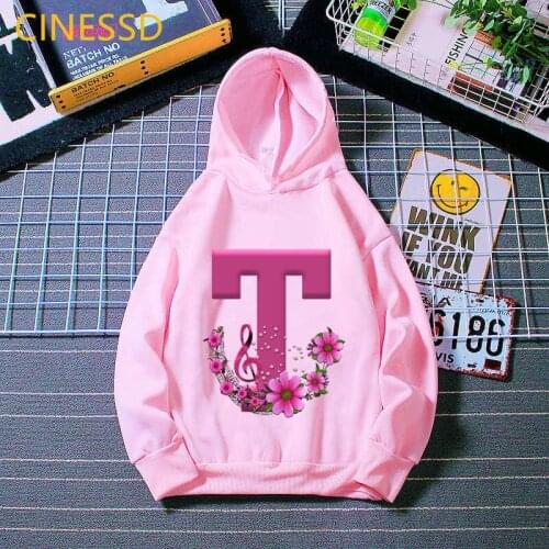 Cute Alphabet T Letter Print Pink Hoodies For Girls Kids Clothes Flower Music Love Sweatshirt Children Clothing Tracksuit Tops