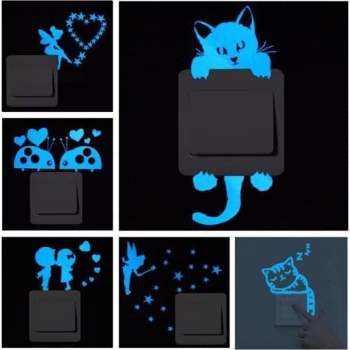 Cartoon Luminous Switch Sticker Glow in the Dark Wall Stickers Home Decor Kids Room Decoration Sticker Decal Cat Fairy