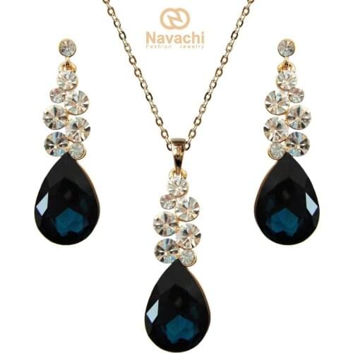 Navachi Water Drop Blue Green Crystal Cubic Zircon Yellow GP Pendant Earrings Necklace Jewelry Set Free Shipping SMTa4019
