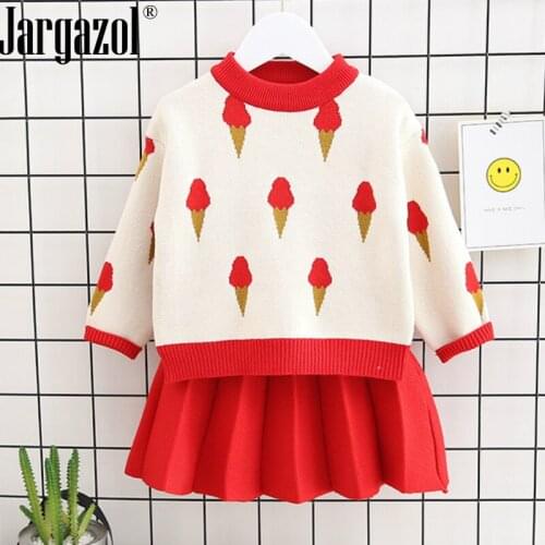 New Autumn Girl Ice Cream Clothes Set Baby Girl Autumn Sweater Sets Knitted Shirt and Skirt Long Sleeve Dress Suit
