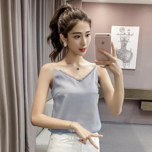 2018 New Lace Women Summer Imitation Silk Sleeveless Blouse Shirt Casual Loose Tops Sexy V-neck Cami Female Vest Ladies Clothing