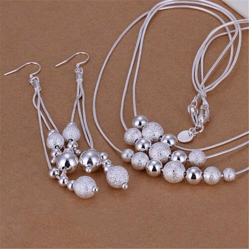 New 925 sterling Silver Tassel Snake Chain Beads necklace earrings Jewelry set for women Fashion Party wedding Christmas Gifts