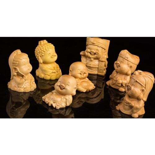 Boxwood 6cm Buddhas Sculpture Guanyu Guanyin Laughing Buddha God of Wealth Wood Statue Home Decor