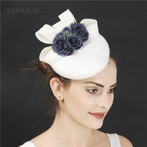 Ivory With Navy Flower New Millinery Cap For Women Bride Wedding Fascinator Hats Ladies Marriage Headwear With Headband Fedora