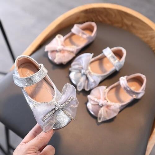 2021 Spring Girls Shoes Lace Butterfly Knot Princess Shoes Crystal Party Mary Janes Shoes Kids Flats Children Leather Dance Shoe