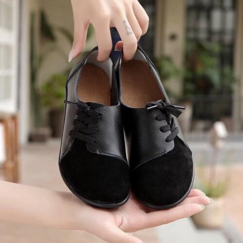 Suede Genuine Leather Patchwork Women Shoes Wild Soft Bottom Womens Flat Shoes Lace-up Casual Zapatillas Femme