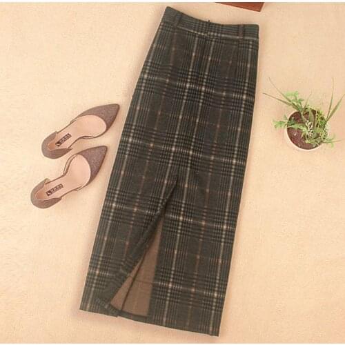High Waist Long Plaid Skirts Womens 2020 New Elegant Split Office lady Skirt Hip Package step woolen skirt