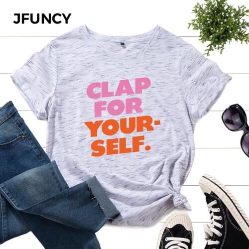 Clap for Yourself JFUNCY Women T-shirts Plus Size Summer Cotton Tops Oversized Woman Tshirts Short Sleeve Female Shirts Clothes