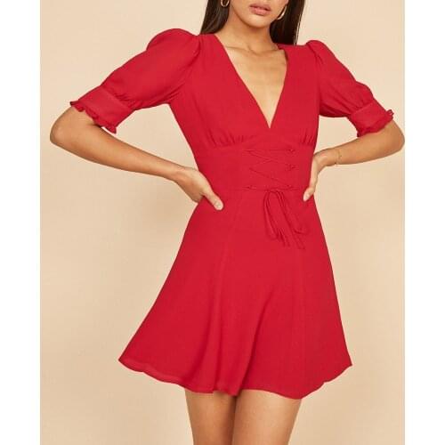 Woman Summer V Neck A Line Solid Mini Dress For Women Short Sleeve Red Casual Dresses Summer Dress 2020 Women Dresses Sundress