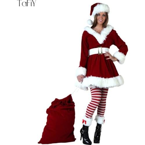 TaFiY Newest Women Christmas Dress Sexy Red Christmas Costumes For Adult Red Long sleeve+Dress+Hat+Belt Christmas Santa Costumes