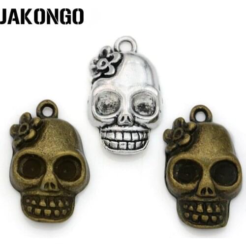 JAKONGO 10pcs Tibetan Silver Bronze Plated Skull Charm Pendant for Jewelry Making Bracelet Findings DIY Handmade Craft 21x13mm