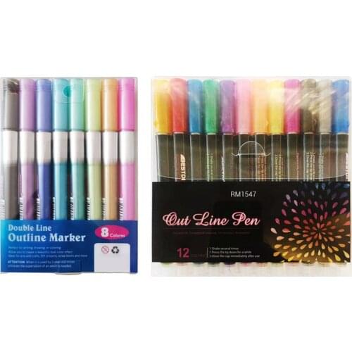 8/12pc Double Line Outline Metallic Marker Pens Color Graffiti Painting DIY Ceramic Glass Porcelain Pen School supplies
