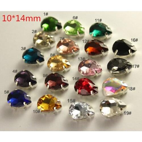 Free Shipping -57 pieces Teardrop 10*14mm Faceted Sew On Glass Crystals with Silver Metal Base Garment Shoes Bags Deco,19 Colors