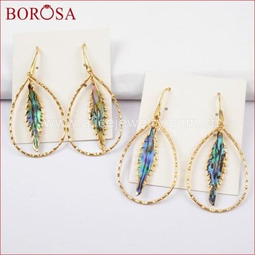 BOROSA 5Pairs Leaf Shape Natural Abalone Shell Earrings with Plating Color Teardrop Loop Fashion Dangle Earrings G1607