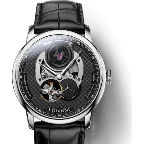 LOBINNI Mens Business 50M Waterproof Genuine Leather Strap Hollow Out Dial Automatic Self-Wind Mechanical Wrist Watch - SIlver