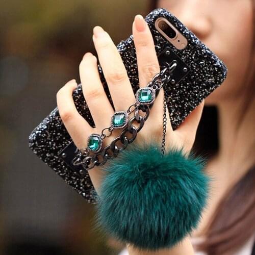 For iPhone 11 Pro Max Case Glitter Bling Diamond Gem Bracelet Chain Tassel Fox Fur Ball Cover For iPhone 5S 6 6S 7 8 Plus X Case