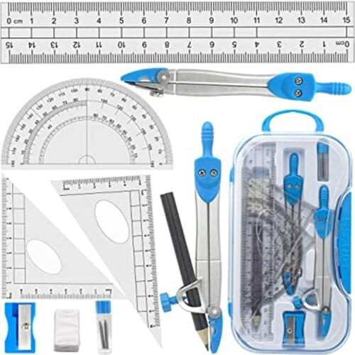Geometry Compass Set 10Pcs School Maths Protractor Set Rulers for Student Maths and Engineering in Carry Case