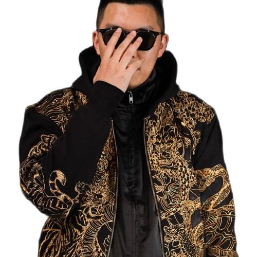 High Street Pink Gold Dragon Embroidery Heavy Work Hooded Cardigan Coats Sukajan Souvenir Jacket Streetwear All-Match Men Boys