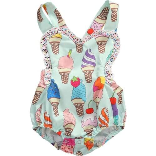 2020 Cute Newborn Baby Girl Clothes Sleeveless Ruffle Ice Cream print Romper Jumpsuit One-Piece Outfit Sunsuit Clothes
