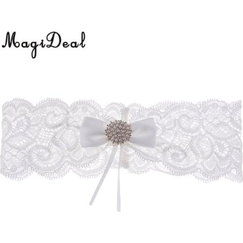 MagiDeal Romantic Wedding Bridal Lace Garter Pearls Rhinestone Bow Garter White