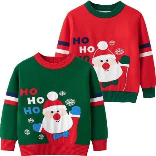 Cute Santa Boys Christmas Sweaters Red Green Toddler Girls Pullover Childrens Knitted Wear Cotton Quality Kids Winter Clothes
