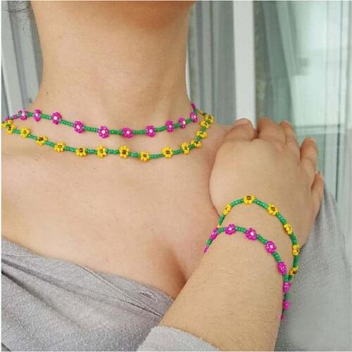 Colorful Bead Jewelry Sets Weave Flower Bead Necklace Bohemian Bead Choker With Seed Beaded Bracelet Jewelry Accessories