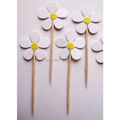 Cheap Retro Daisy Party Picks - Cupcake Toppers - Toothpicks - Food Picks wedding baby shower birthday party favors