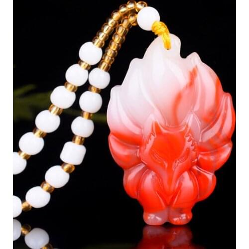 Natural Color Hand Carved Nine Tail Fox Jade Pendant Fashion Personality Jewelry Mens and Womens Colorful Jade Necklace