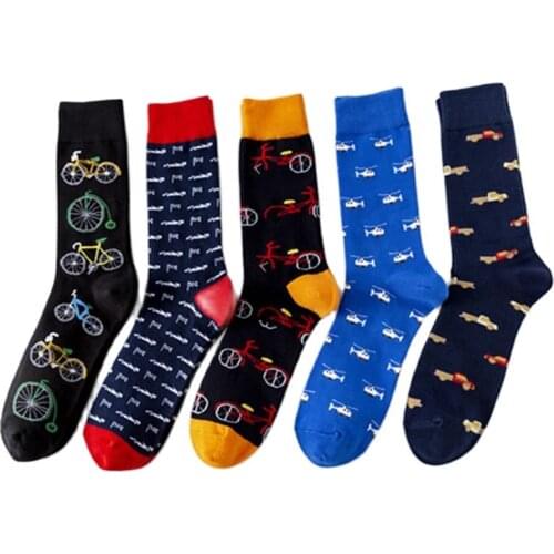 Fashion Men Socks Simple Design Cotton Crew Sock Bicycle Motorcycle Car Helicopter Art Pattern Embroidery Male Skateboard Socks
