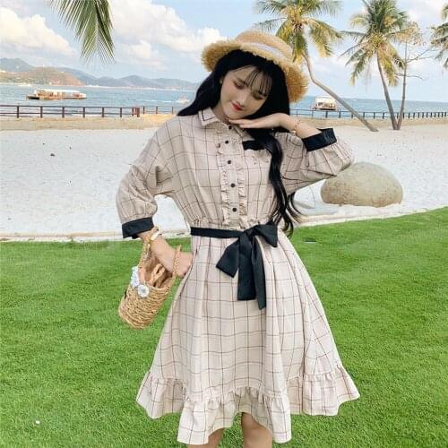 2021 New Womens Spring and Autumn Students Short-Height Womens New Hipster Short Sleeve and Plaid All-match Retro lolita Dress