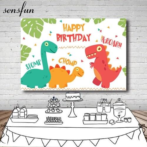 Sensfun Cartoon Dinosaur Party Backdrops For Photography Green Leaves Kids 1st Birthday Backgrounds Photo Studio Custom Banner