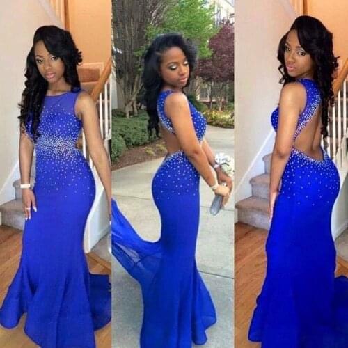 Beaded blue long Sleeveless Mermaid Floor Length Backless Chiffon Long party prom gown 2018 free shipping bridesmaid dresses