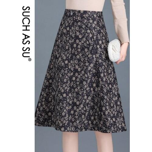 SUCH AS SU New Autumn Winter Wool Print Skirts Womens 2020 Black Khaki High Waist A Line Skirt Midi Pleated Skirt Female