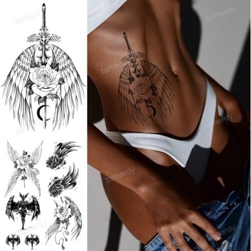 Angel wings tattoo women men body art stickers sketch tattoo designs black waterproof fake tatoo feather flowers decal waist arm