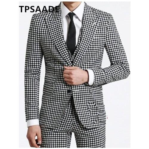 TPSAADE New Mens Slim Fit Black White lattice 3 Piece Mens Suits Peak Lapel Jacket Waistcoat Pants (Blazer+Vest+Trousers)