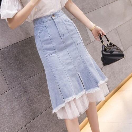 2020 New Denim Skirts Women Summer Lace Mesh Patchwork Skirts Womens Harajuku boho Plus Size 5XL Jeans faldas mujer jupe femme