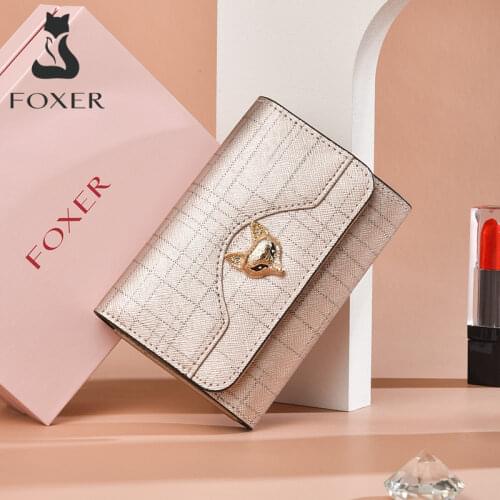 FOXER Brand Luxury ID Card Bag for Women Trifold Clutch Bag Fashion Coin Pocket Stylish Lady Mini Wallet Leather Short Purse