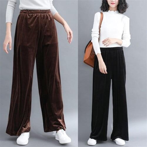 Large Size Womens 2019 New Autumn Winter Gold Velvet Wide Leg Pants Ladies Trousers Straight Casual High Waist Retro Pant f1887