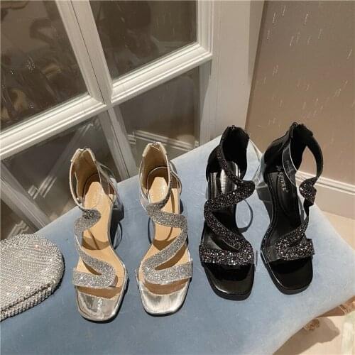 New Diamond PVC Transparent Block High Heel Ankle Straps Back Zipper Womens Summer Sandals 2021 Fashion Shoes For Prom Party