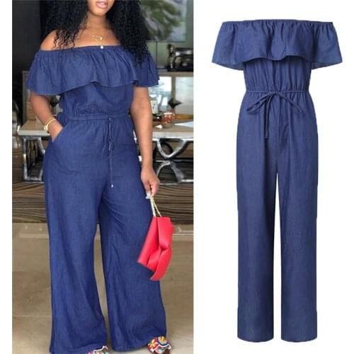 Off Shoulder Ruffle Romper Women Jumpsuit Wide leg Pants Trousers Overall Loose Blue Casual Outfit Clothes Holiday Plus size 4XL