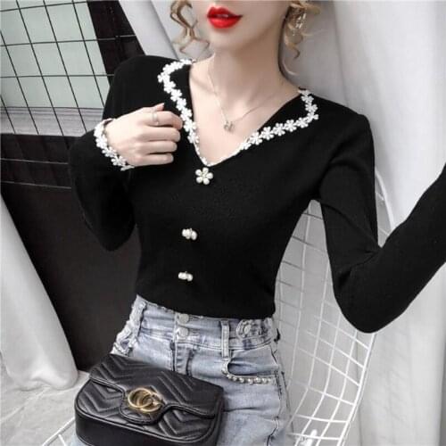 2021 Spring Autumn Women Candy Colors Slim High Waist Pullovers All-match Knitted Sweater Long Sleeve Pearl Decoration Top Y581