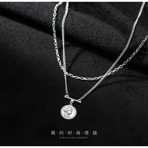 Real 925 Sterling Silver Necklace with Charm Round Coin Double Layered Necklaces for Women Korean Vintage Jewelry 2021